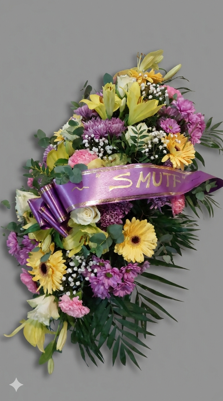 Arreglo Fúnebre Alargado Púrpura y Amarillo - Imagen 1